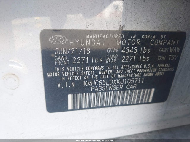 44570829 :رقم المزاد ، KMHC65LDXKU105711 vin ، 2019 Hyundai Ioniq Plug-in Hybrid مزاد بيع