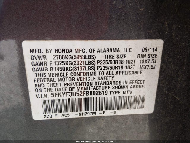 Honda Pilot Ex-l 2015 5FNYF3H52FB002619 Image 9