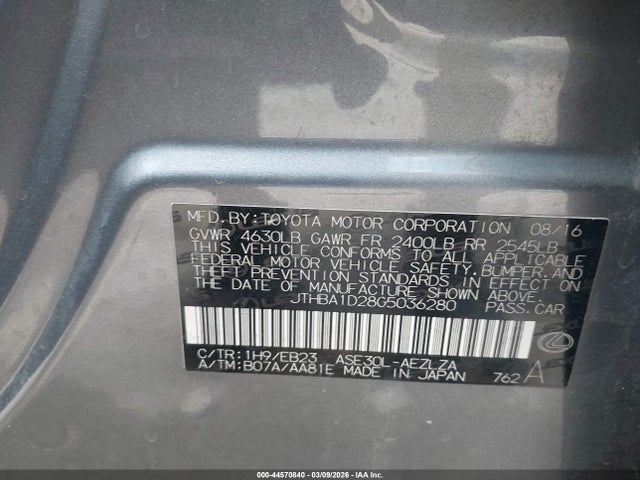 Aukcja sprzedaży 2016 Lexus Is 200t, vin: JTHBA1D28G5036280, numer aukcji: 44570840