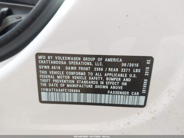 Продаж на аукціоні авто 2015 Volkswagen Passat 1.8t Limited Edition, vin: 1VWAT7A34FC105884, номер лоту: 44570849