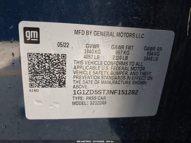 1G1ZD5ST3NF151282 Chevrolet Malibu Fwd Lt