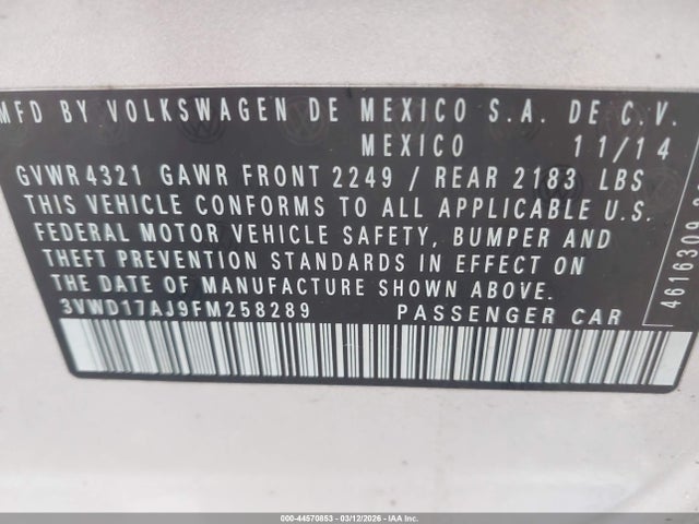 Продажа на аукционе авто 2015 Volkswagen Jetta 1.8t Se, vin: 3VWD17AJ9FM258289, номер лота: 44570853