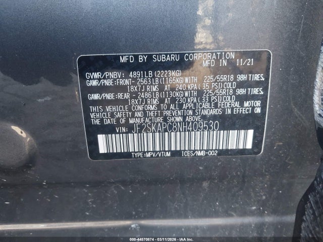 Продаж на аукціоні авто 2022 Subaru Forester Limited, vin: JF2SKAPC8NH409530, номер лоту: 44570874