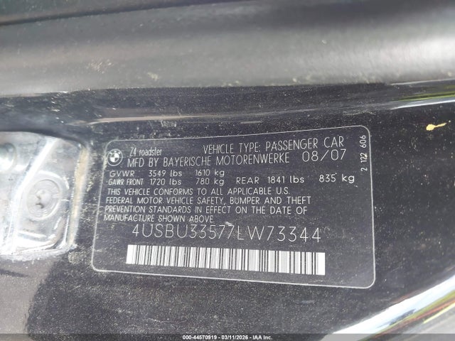 44570919 :رقم المزاد ، 4USBU33577LW73344 vin ، 2007 Bmw Z4 3.0i مزاد بيع
