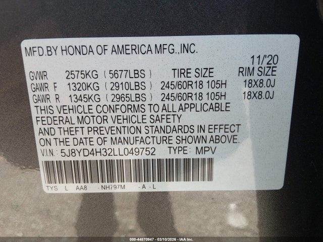 44570947 :رقم المزاد ، 5J8YD4H32LL049752 vin ، 2020 Acura Mdx Standard مزاد بيع