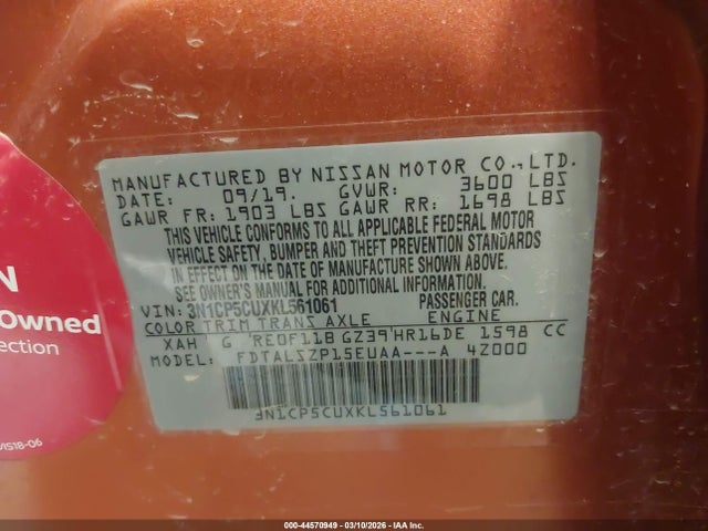 44570949 :رقم المزاد ، 3N1CP5CUXKL561061 vin ، 2019 Nissan Kicks Sv مزاد بيع