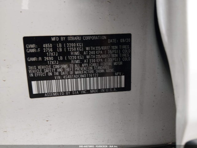 44570993 :رقم المزاد ، 4S4BTADC8M3116122 vin ، 2021 Subaru Outback Premium مزاد بيع