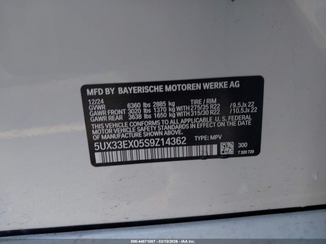 44571007 :رقم المزاد ، 5UX33EX05S9Z14362 vin ، 2025 Bmw X6 Xdrive40i مزاد بيع