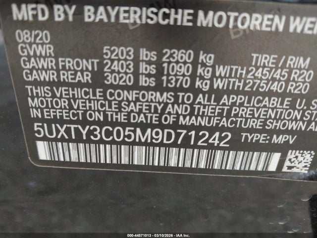 44571013 :رقم المزاد ، 5UXTY3C05M9D71242 vin ، 2021 Bmw X3 Sdrive30i مزاد بيع