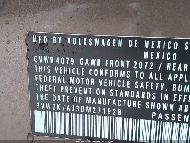 2013 Volkswagen Jetta 2.0l S მანქანა იყიდება აუქციონზე, vin: 3VW2K7AJ3DM271928, აუქციონის ნომერი: 44571015