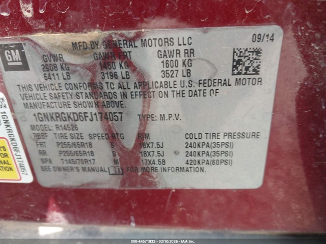 2015 Chevrolet Traverse 1lt მანქანა იყიდება აუქციონზე, vin: 1GNKRGKD6FJ174057, აუქციონის ნომერი: 44571032
