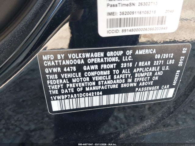 Aukcja sprzedaży 2013 Volkswagen Passat 2.5l Se, vin: 1VWBP7A31DC042104, numer aukcji: 44571047