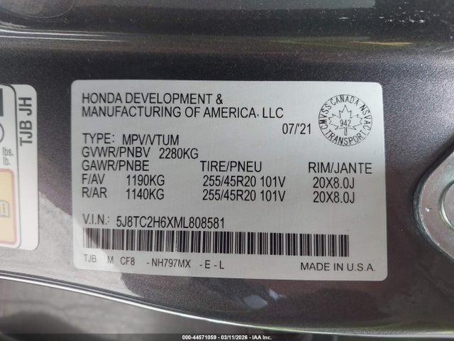Aukcja sprzedaży 2021 Acura Rdx, vin: 5J8TC2H6XML808581, numer aukcji: 44571059