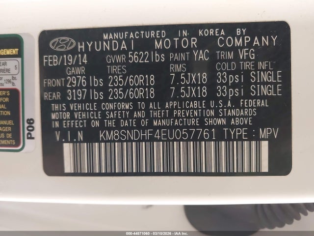 Продаж на аукціоні авто 2014 Hyundai Santa Fe Gls, vin: KM8SNDHF4EU057761, номер лоту: 44571060