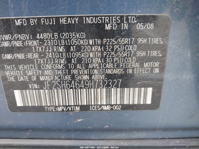 Продаж на аукціоні авто 2009 Subaru Forester 2.5x Limited, vin: JF2SH64649H732327, номер лоту: 44571064