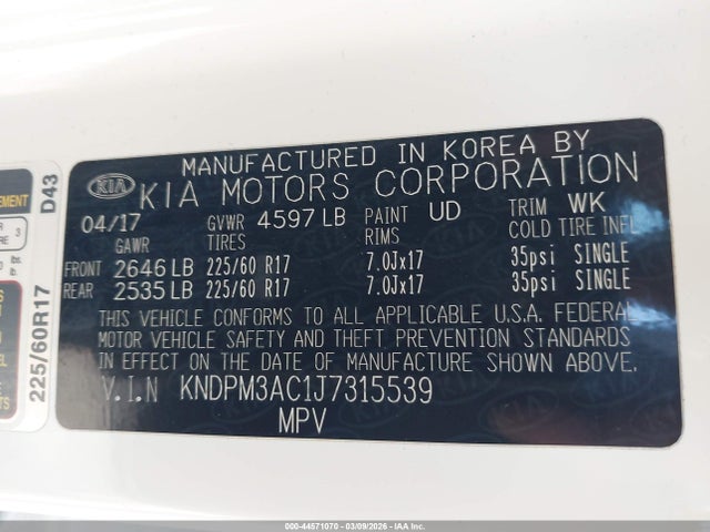 Aukcja sprzedaży 2018 Kia Sportage Lx, vin: KNDPM3AC1J7315539, numer aukcji: 44571070
