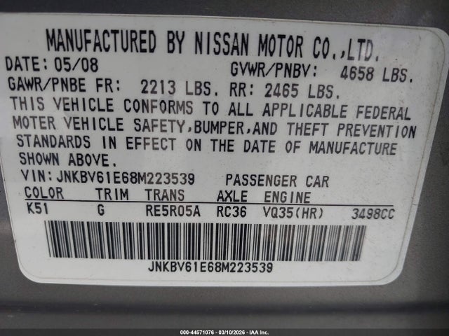 44571076 :رقم المزاد ، JNKBV61E68M223539 vin ، 2008 Infiniti G35 Journey مزاد بيع