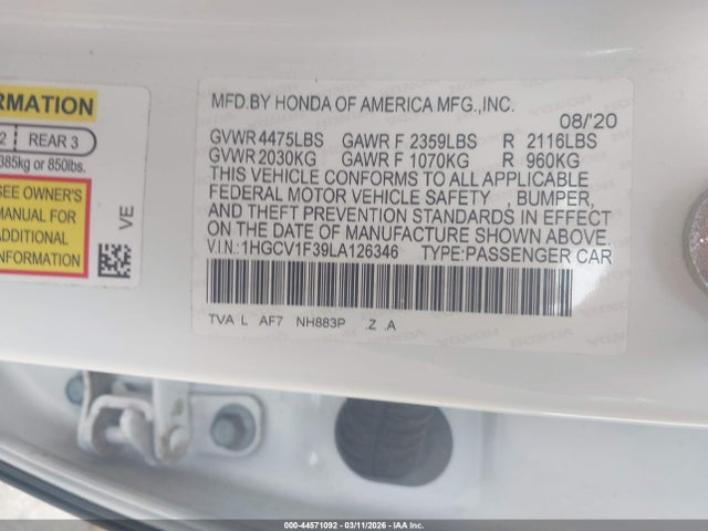 2020 HONDA ACCORD 1HGCV1F39LA126346 Photo 8