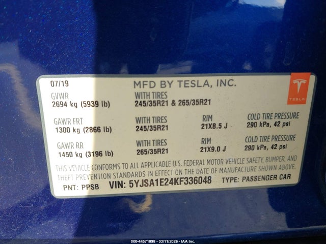 2019 TESLA MODEL S 5YJSA1E24KF336048 Photo 8