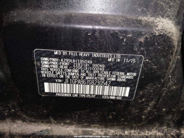 44571103 :رقم المزاد ، JF1GPAB67G8230542 vin ، 2016 Subaru Impreza 2.0i Premium مزاد بيع
