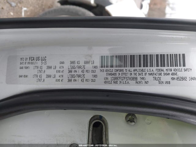 44571146 :رقم المزاد ، 1C6RR7FG7FS703898 vin ، 2015 Ram 1500 Tradesman مزاد بيع