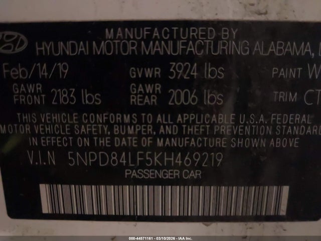 2019 Hyundai Elantra Sel მანქანა იყიდება აუქციონზე, vin: 5NPD84LF5KH469219, აუქციონის ნომერი: 44571161