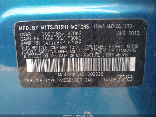 Продаж на аукціоні авто 2014 Mitsubishi Mirage De, vin: ML32A3HJXEH003939, номер лоту: 44571173