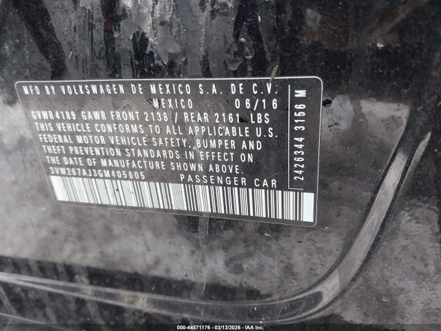 Aukcja sprzedaży 2016 Volkswagen Jetta 1.4t S, vin: 3VW267AJ3GM405605, numer aukcji: 44571176