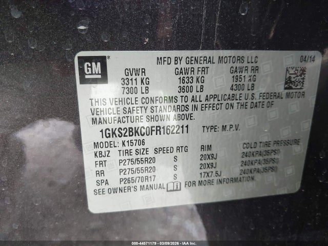 44571179 :رقم المزاد ، 1GKS2BKC0FR162211 vin ، 2015 Gmc Yukon Slt مزاد بيع