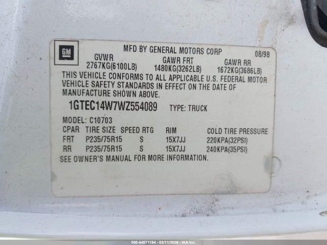 44571194 :رقم المزاد ، 1GTEC14W7WZ554089 vin ، 1998 Gmc Sierra 1500 Sl Wideside مزاد بيع