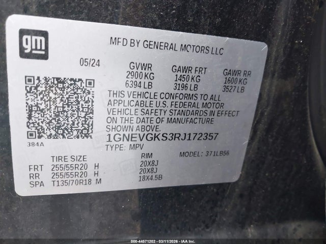 Продажа на аукционе авто 2024 Chevrolet Traverse Awd Lt, vin: 1GNEVGKS3RJ172357, номер лота: 44571202
