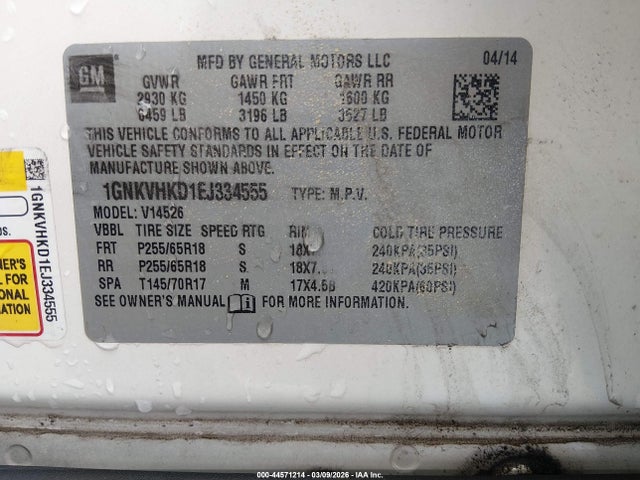 1GNKVHKD1EJ334555 Chevrolet Traverse 2lt