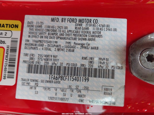 44571235 :رقم المزاد ، 1FA6P8CF1T5401199 vin ، 2026 Ford Mustang Gt Premium Fastback مزاد بيع