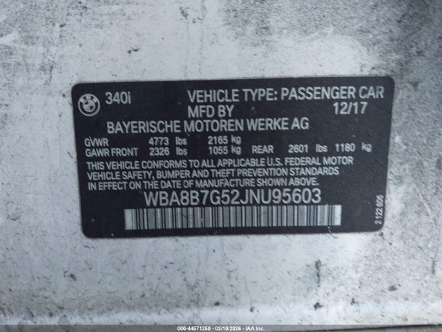 2018 Bmw 340i Xdrive მანქანა იყიდება აუქციონზე, vin: WBA8B7G52JNU95603, აუქციონის ნომერი: 44571250