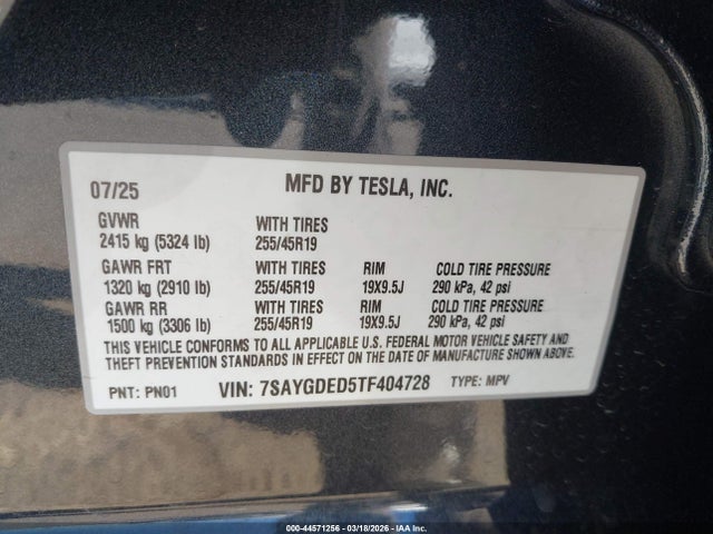 7SAYGDED5TF404728 Tesla Model Y Premium Rear-wheel Drive/standard Rear-wheel Drive