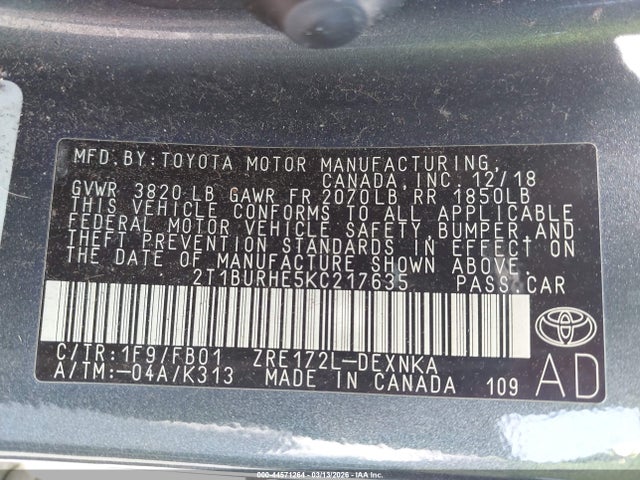 2019 Toyota Corolla Le მანქანა იყიდება აუქციონზე, vin: 2T1BURHE5KC217635, აუქციონის ნომერი: 44571264