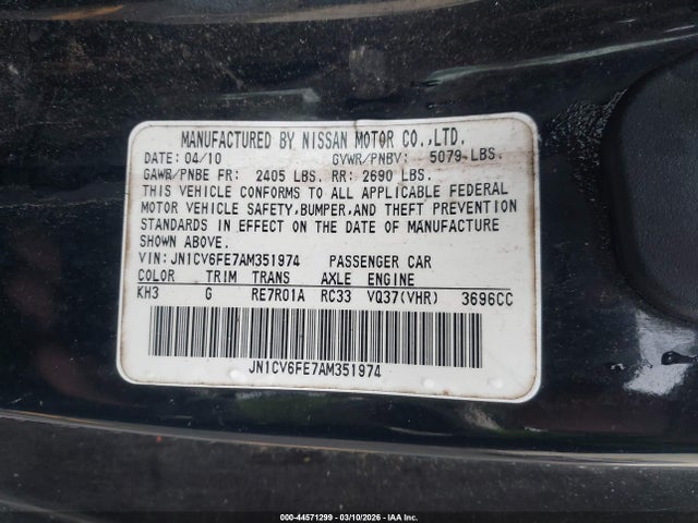2010 Infiniti G37 მანქანა იყიდება აუქციონზე, vin: JN1CV6FE7AM351974, აუქციონის ნომერი: 44571299