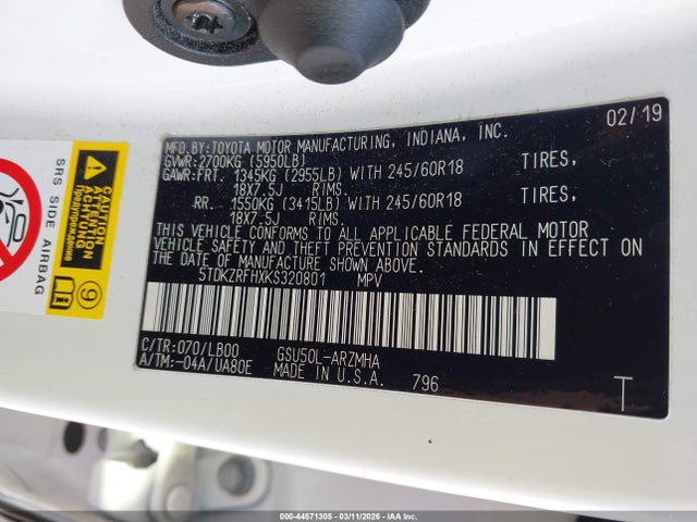 2019 TOYOTA HIGHLANDER 5TDKZRFHXKS320801 Photo 8