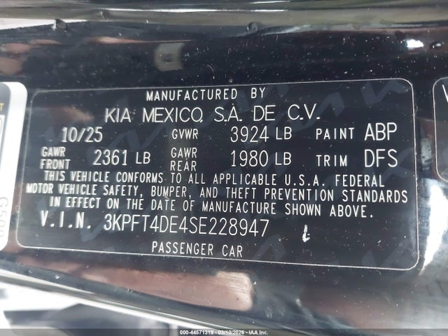 Aukcja sprzedaży 2025 Kia K4 Lxs, vin: 3KPFT4DE4SE228947, numer aukcji: 44571319