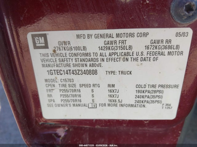 Продажа на аукционе авто 2003 Gmc Sierra 1500 Sle, vin: 1GTEC14T43Z340808, номер лота: 44571325