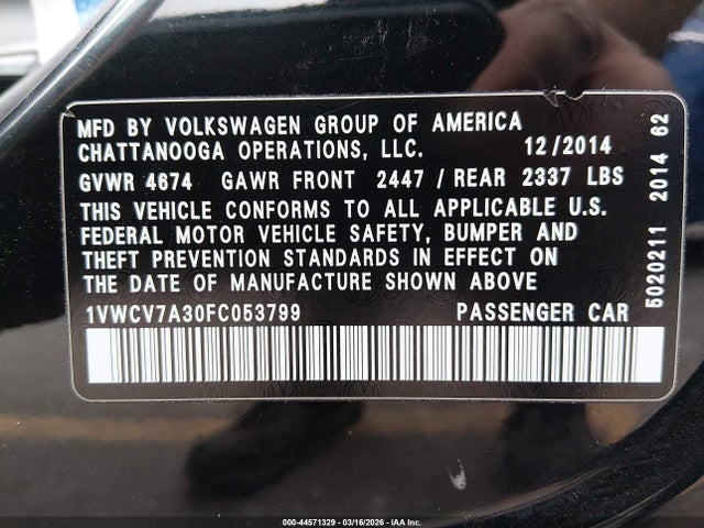Продаж на аукціоні авто 2015 Volkswagen Passat 2.0l Tdi Sel Premium, vin: 1VWCV7A30FC053799, номер лоту: 44571329