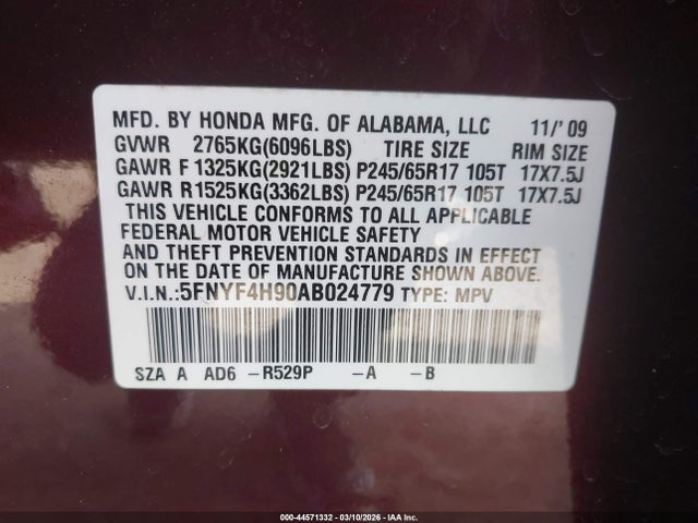 2010 HONDA PILOT 5FNYF4H90AB024779 Photo 8