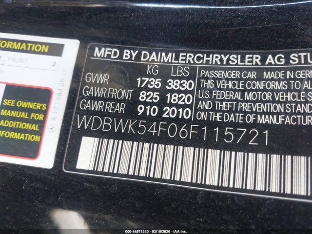 Aukcja sprzedaży 2006 Mercedes-benz Slk 280, vin: WDBWK54F06F115721, numer aukcji: 44571340