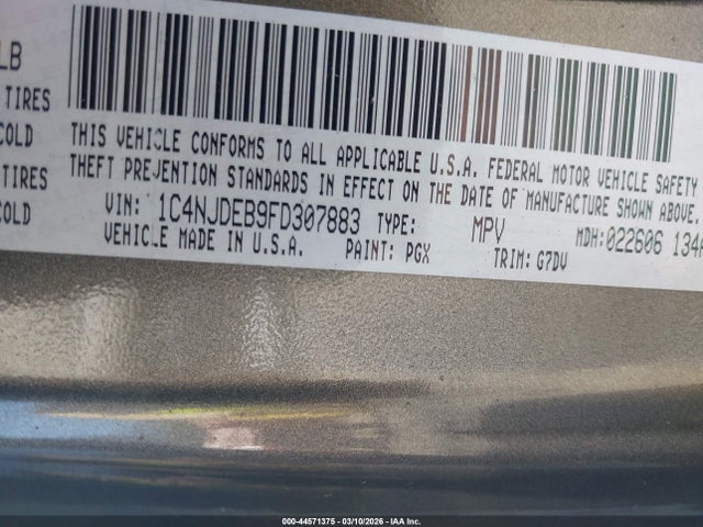 Aukcja sprzedaży 2015 Jeep Compass Latitude, vin: 1C4NJDEB9FD307883, numer aukcji: 44571375