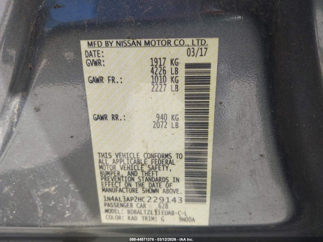 2017 Nissan Altima 2.5 Sl მანქანა იყიდება აუქციონზე, vin: 1N4AL3AP2HC229143, აუქციონის ნომერი: 44571378