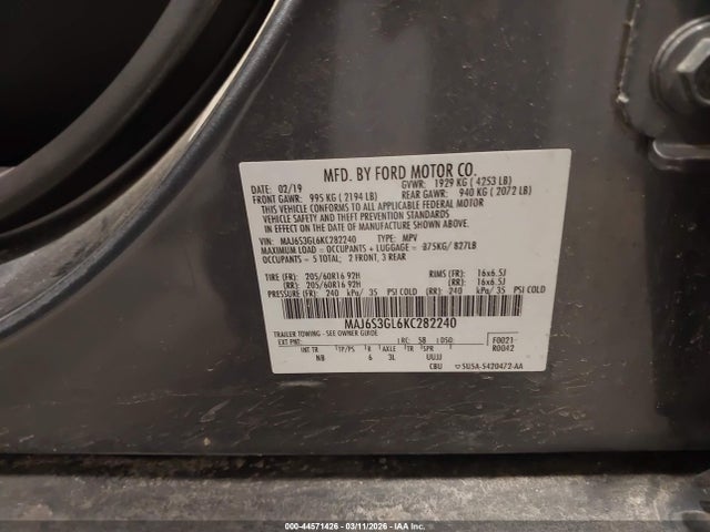 44571426 :رقم المزاد ، MAJ6S3GL6KC282240 vin ، 2019 Ford Ecosport Se مزاد بيع