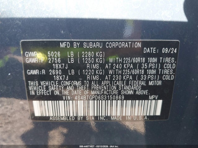 Aukcja sprzedaży 2025 Subaru Outback Touring Xt, vin: 4S4BTGPD6S3150869, numer aukcji: 44571427