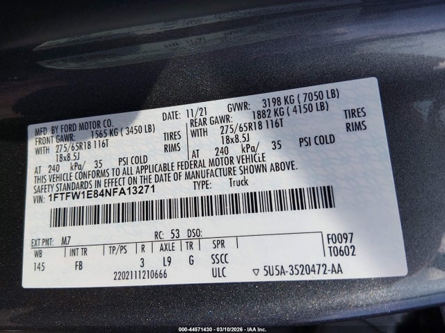 Продаж на аукціоні авто 2022 Ford F-150 Xlt, vin: 1FTFW1E84NFA13271, номер лоту: 44571430