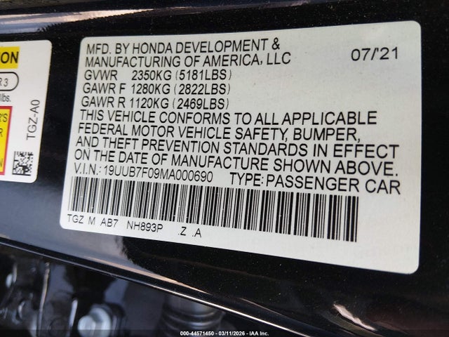 2021 Acura Tlx Type S მანქანა იყიდება აუქციონზე, vin: 19UUB7F09MA000690, აუქციონის ნომერი: 44571450