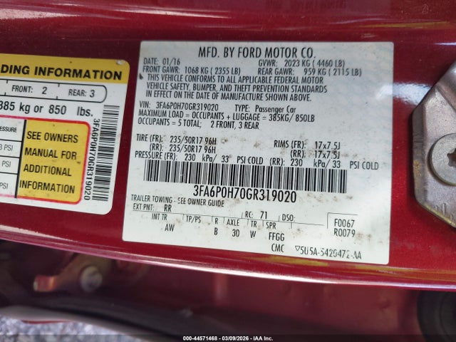 Ford FUSION SE 2016 3FA6P0H70GR319020 Image 9